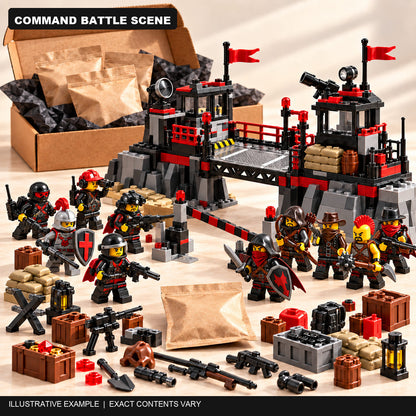 Illustrative Command battle scene with ten mystery minifigures, a featured bridge build, battlefield accessories and bonus pack; exact contents vary.
