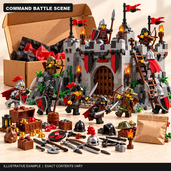 Illustrative Command battle scene with ten mystery minifigures, a featured castle build, battlefield accessories and bonus pack; exact contents vary.