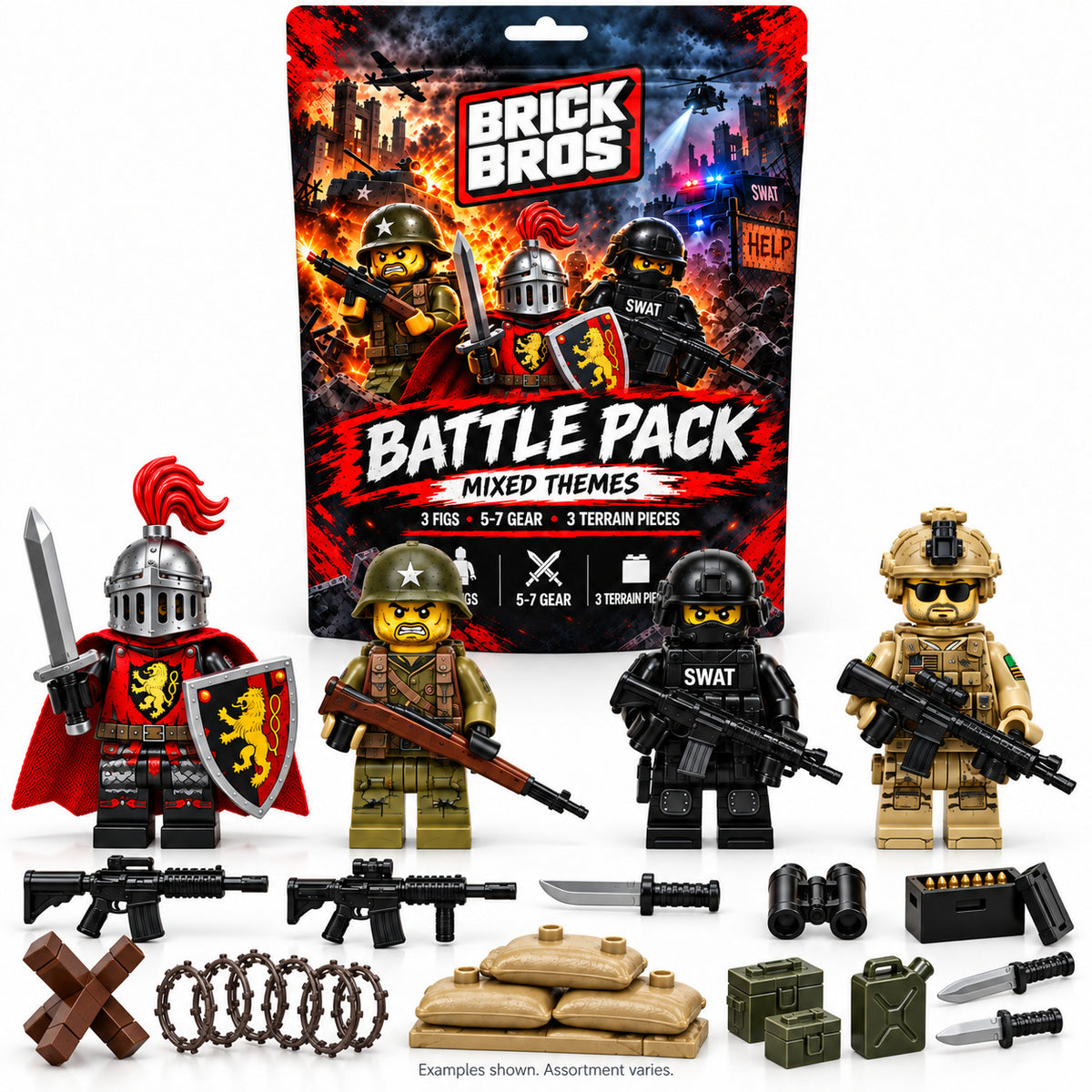 Brick Bros Mixed Themes Battle Pack pouch with example figures, sandbags, barbed wire, tank stopper, weapons and accessories