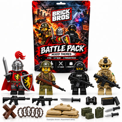 Brick Bros Mixed Themes Battle Pack pouch with example figures, sandbags, barbed wire, tank stopper, weapons and accessories