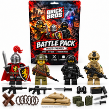 Mixed Themes Battle Pack pouch with example random figures, sandbags, barbed wire, tank stopper, weapons and accessories