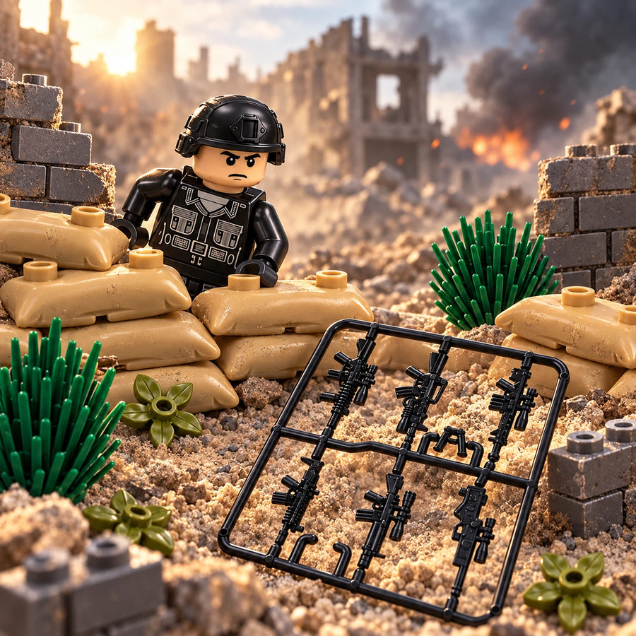 Modern Weapons Edition illustrative scene with one figure, one rifle sprue, sandbags, foliage and masonry; background scenery not included