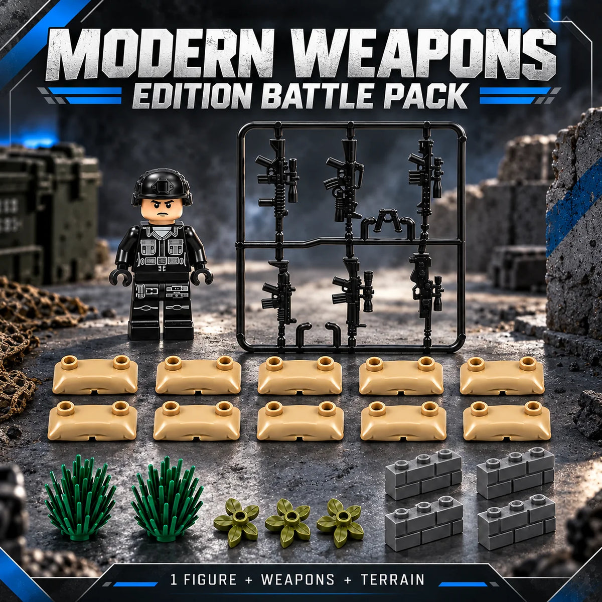 Modern Weapons Edition Battle Pack headline: representative one-figure pack with rifle sprue and terrain; background illustrative