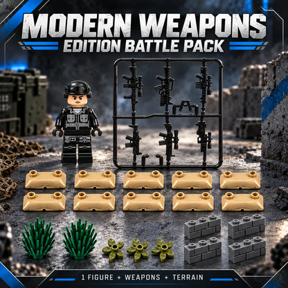 Modern Weapons Edition Battle Pack headline: representative one-figure pack with rifle sprue and terrain; background illustrative