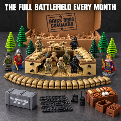 Brick Bros Command monthly box with covered trench build, mixed squad, Legend king, sandbag wall and accessories