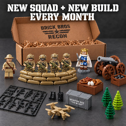 Brick Bros Recon monthly box with desert squad, wildcard soldier, Legend king, field cannon build and accessories