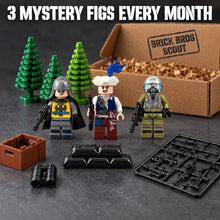 Brick Bros Scout monthly box with 3 mystery minifigures, weapon pack, crate, binoculars, sandbags and trees