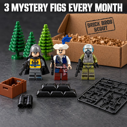 Brick Bros Scout monthly box with 3 mystery minifigures, weapon pack, crate, binoculars, sandbags and trees