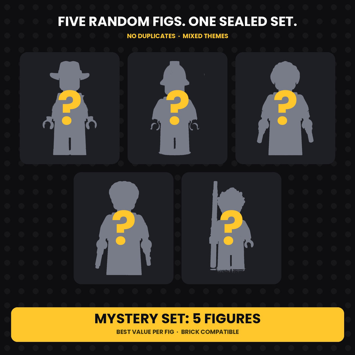 Brick Bros mystery minifigure set, five hidden figs behind question marks