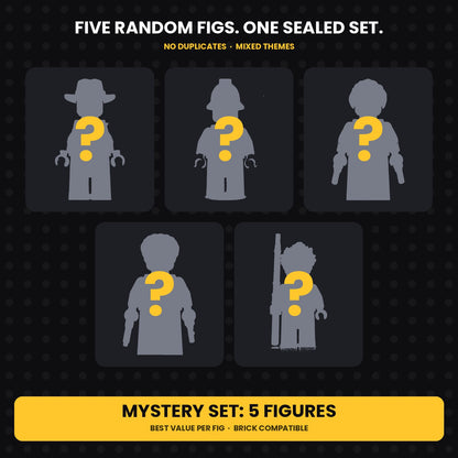 Brick Bros mystery minifigure set, five hidden figs behind question marks