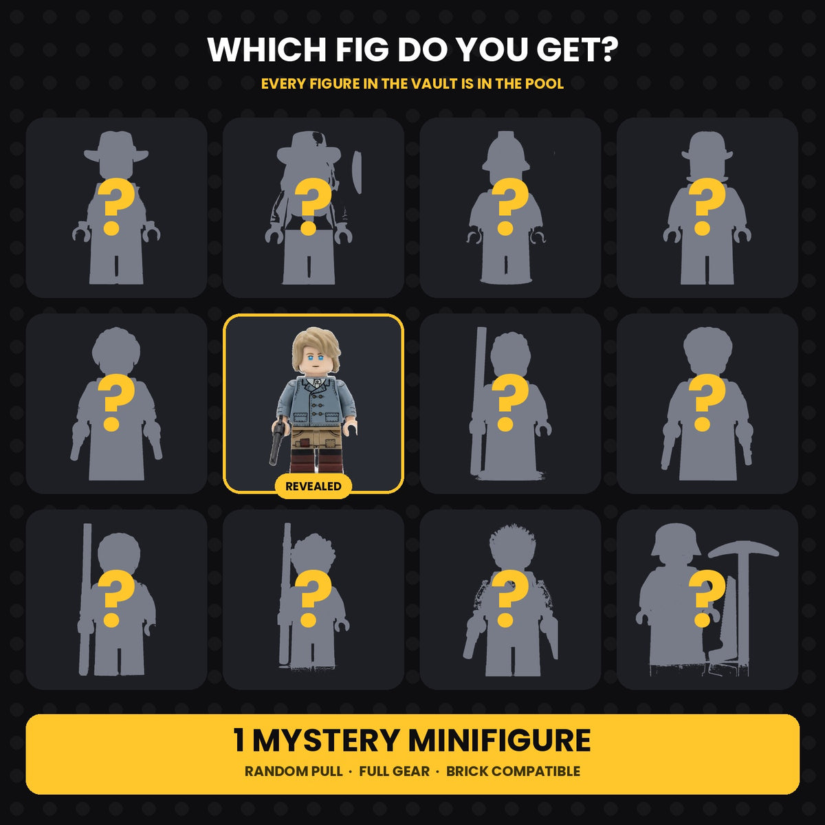 Brick Bros mystery minifigure grid, one fig revealed, the rest hidden behind question marks