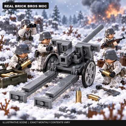 Illustrative winter battle scene based on the real Brick Bros MOC5023 field howitzer pictured in the Battle Pack gallery; exact monthly contents vary.
