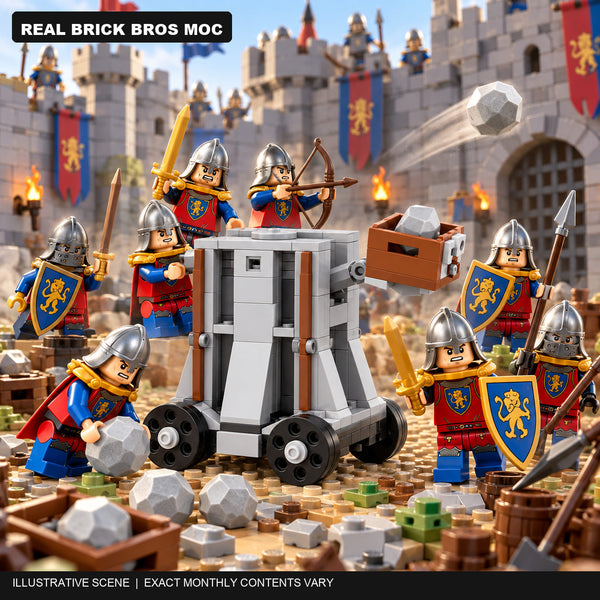 Illustrative medieval battle scene based on the real Brick Bros stone throwing siege engine pictured in the Knights Battle Pack gallery; exact monthly contents vary.