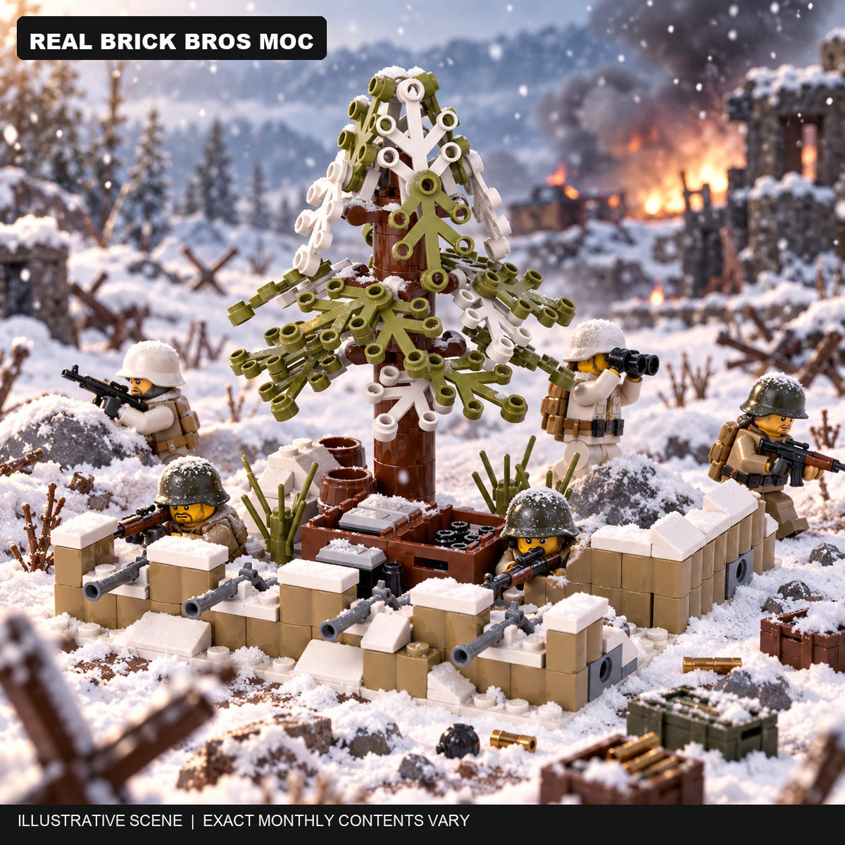 Illustrative winter battle scene based on a real Brick Bros snow defensive position MOC; exact monthly contents vary.