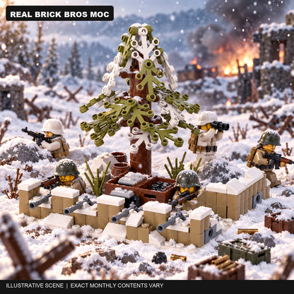 Illustrative winter battle scene based on a real Brick Bros snow defensive position MOC; exact monthly contents vary.