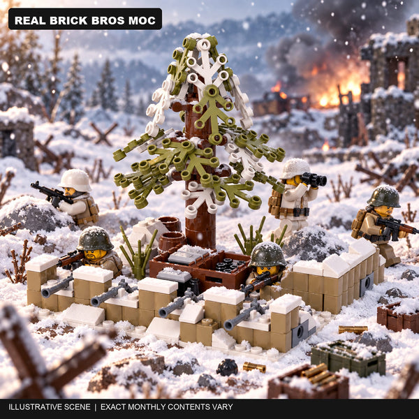 Illustrative winter battle scene based on a real Brick Bros snow defensive position MOC; exact monthly contents vary.