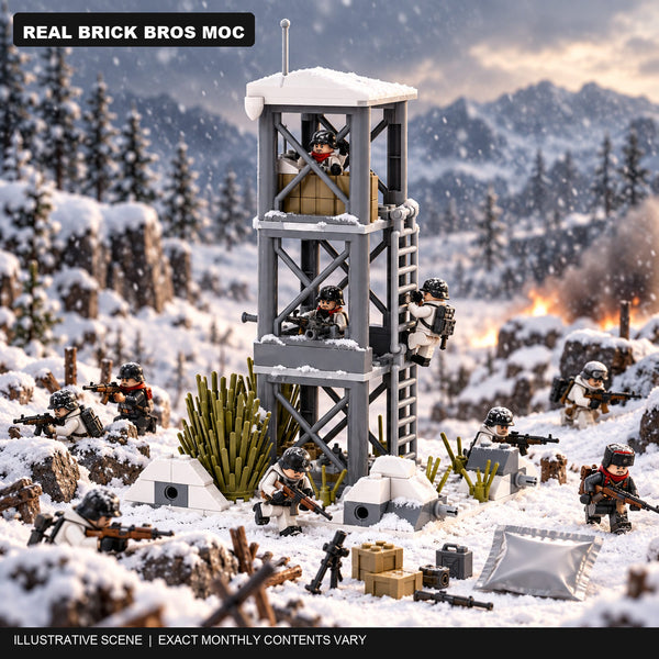 Illustrative winter battle scene based on a real Brick Bros snow steel watchtower MOC; exact monthly contents vary.