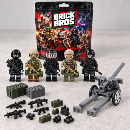 Illustrative Recon monthly bag tabletop scene with five example minifigures, one small field howitzer MOC and battlefield accessories; exact monthly contents vary.