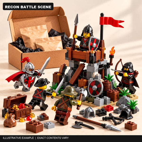 Illustrative Recon battle scene with five mystery minifigures, one small castle build and battlefield accessories; exact contents vary.