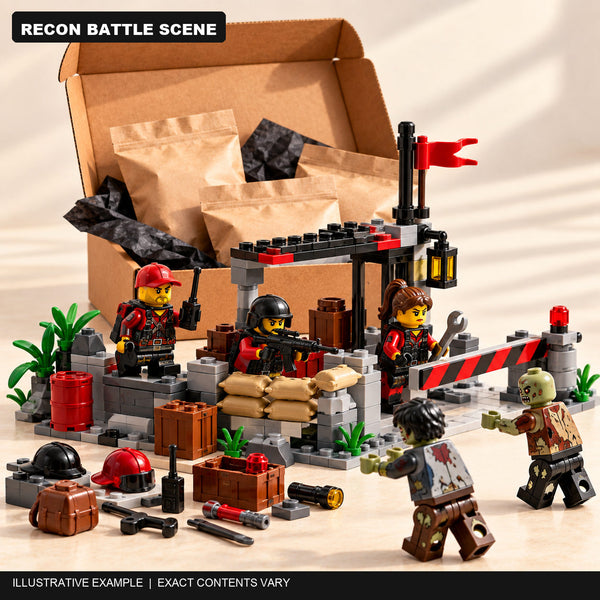 Illustrative Recon battle scene with five mystery minifigures, one small rescue build and battlefield accessories; exact contents vary.