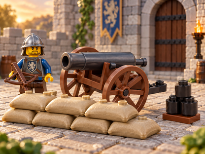 Cannon Crew Battle Pack cannon behind tan sandbags with crossbow guard