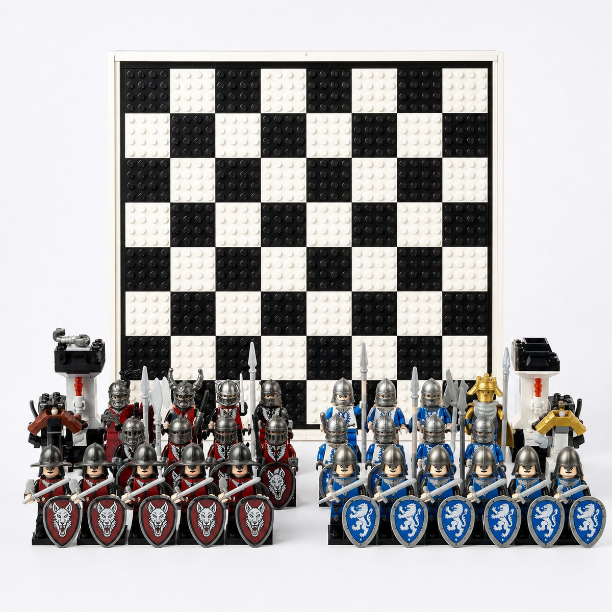Blue and red chess armies with upright board