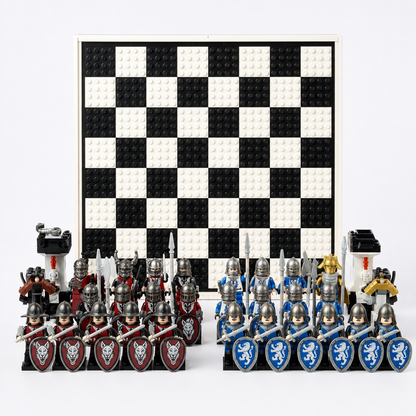Blue and red chess armies with upright board