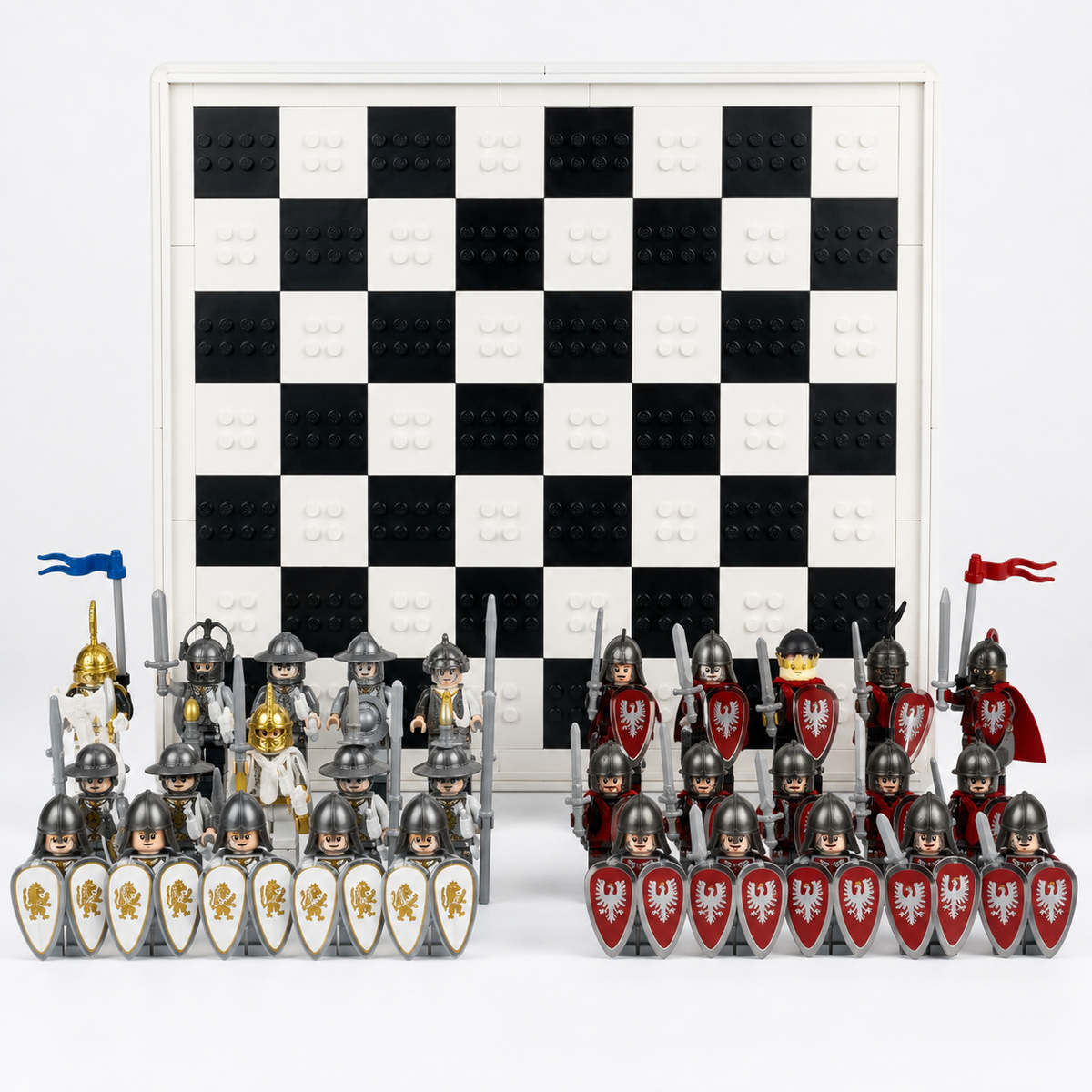 white and red chess armies with upright board