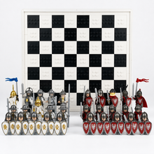 white and red chess armies with upright board