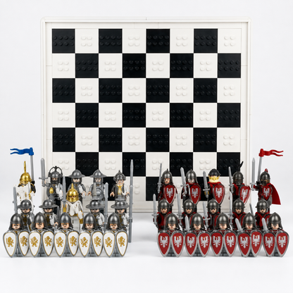 white and red chess armies with upright board
