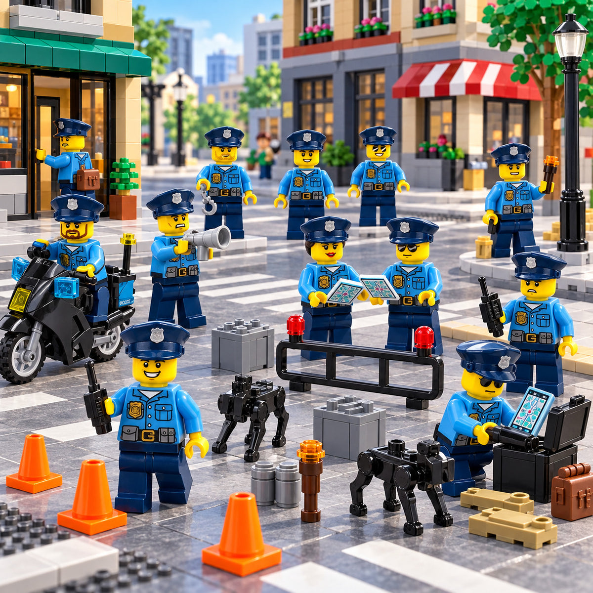 City Police Officer team patrolling a brick-built downtown street, scenery not included