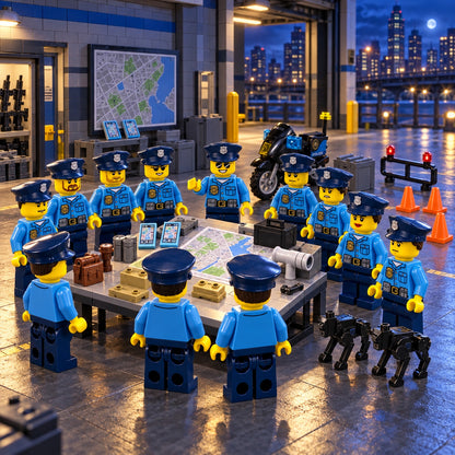City Police Officer team briefing inside a brick-built police station, scenery not included