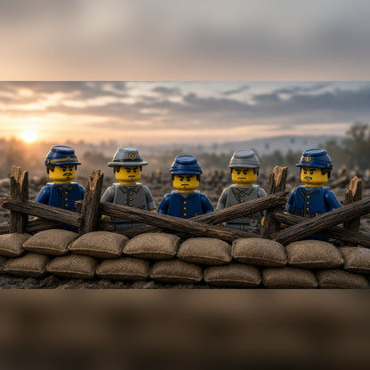 Civil War soldier minifigures behind sandbags and fence on a battlefield lifestyle scene