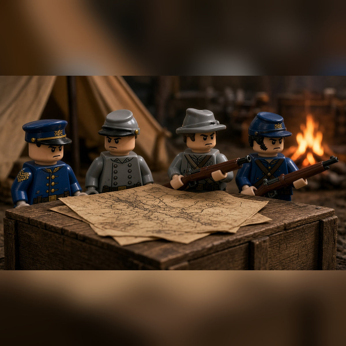 Civil War soldier minifigures behind a crate map table at camp lifestyle scene