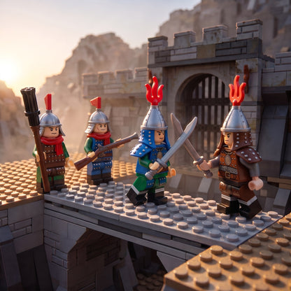 Clash of Empires: red plume vanguard hold the pass. AI-generated display idea; figure details may differ. Scenery not included.