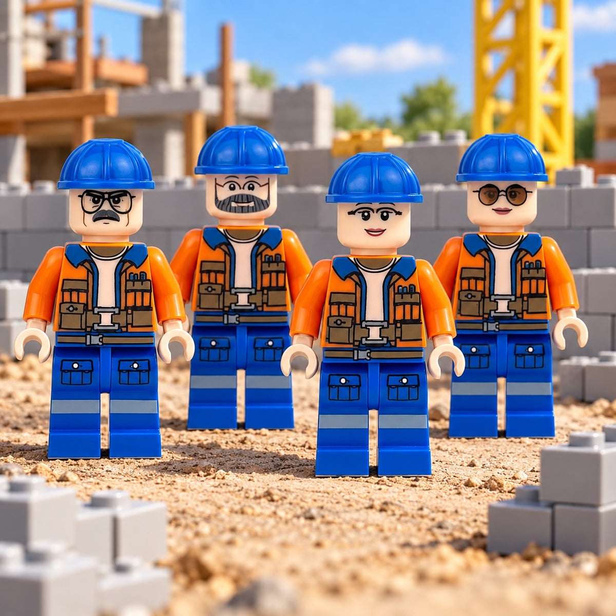 Four construction crew minifigures in a brick-built jobsite scene; scenery not included