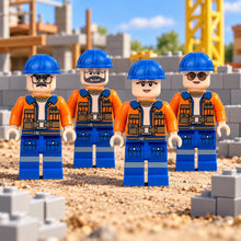 Four construction crew minifigures in a brick-built jobsite scene; scenery not included