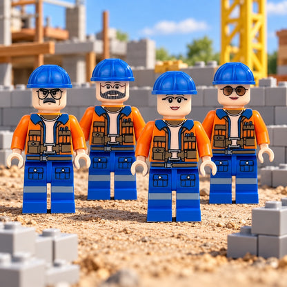 Four construction crew minifigures in a brick-built jobsite scene; scenery not included