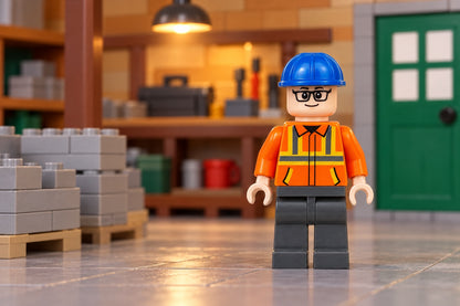 Construction worker minifigure in a brick-built workshop; scenery not included