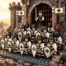 Crusader knight army with crowned king defending a castle