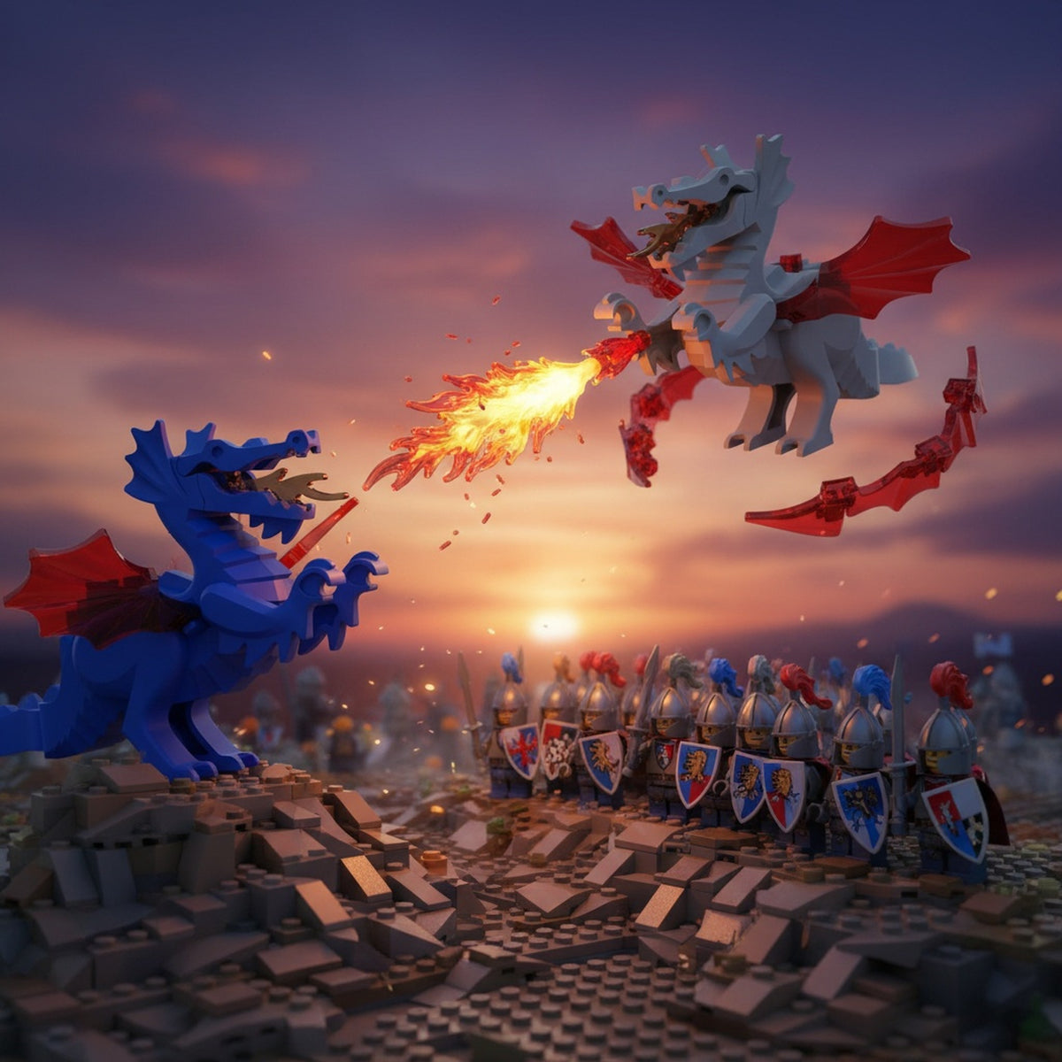 Royal Blue Fire Wing Dragon on the battlefield - Brick Bros