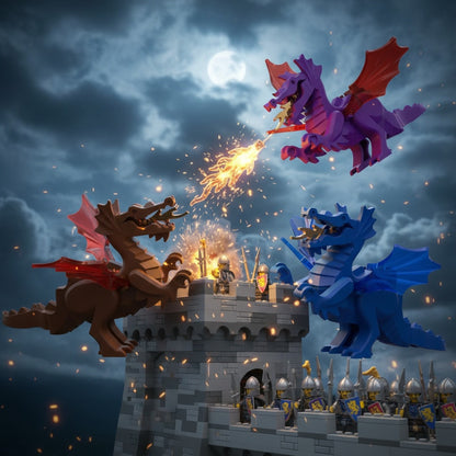 Fire Wing Dragons attacking a castle at night - Brick Bros