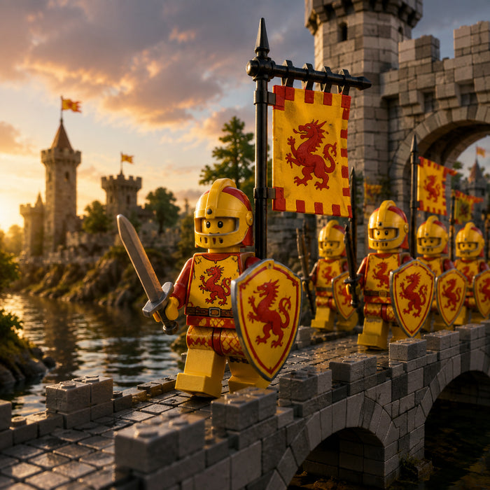 Dragon Knight leading a patrol over a castle bridge