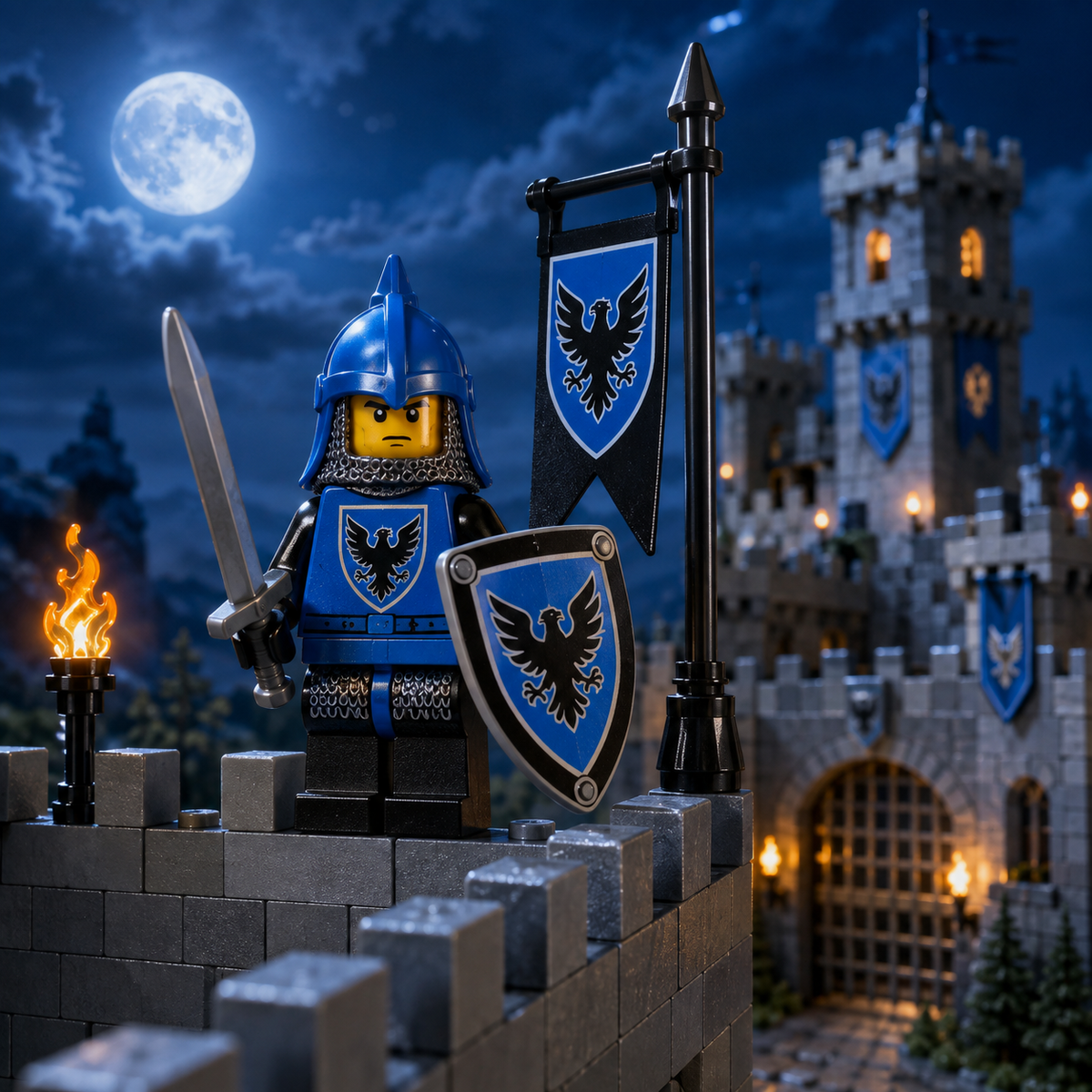 Falcon Knight guarding a moonlit castle wall