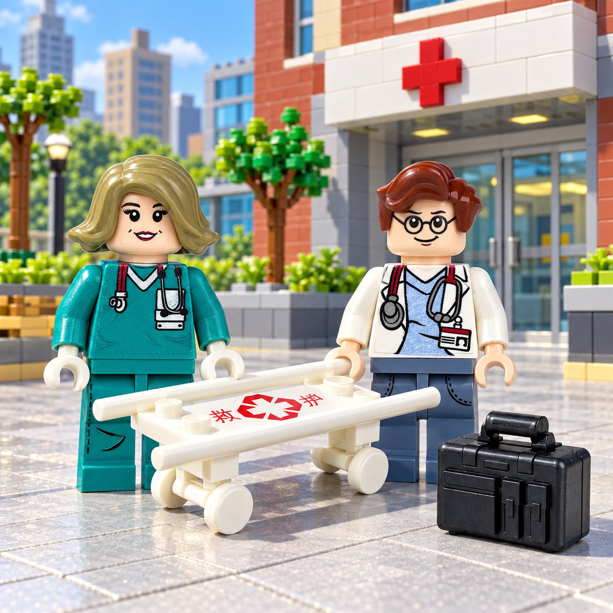M8115 Doctors and Nurses subset scene with exact two medical figures, wheeled stretcher and case