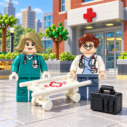 M8115 Doctors and Nurses subset scene with exact two medical figures, wheeled stretcher and case