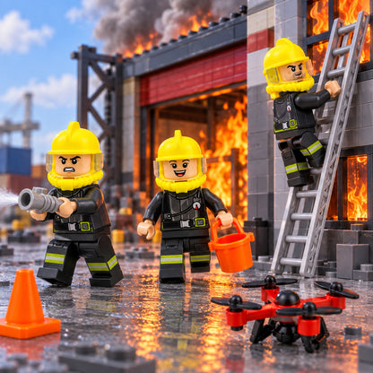M8183 Firefighter Response Team subset action scene with exact yellow-helmet crew, ladder, bucket, cone and drone