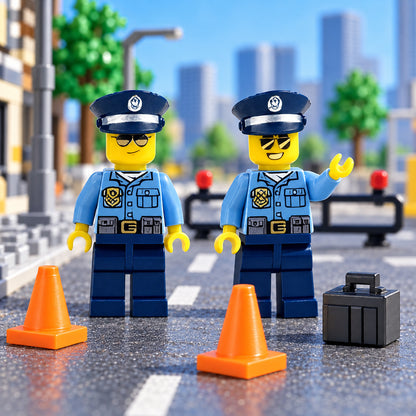M8212 City Police set subset action scene with exact light-blue officers, cones and case