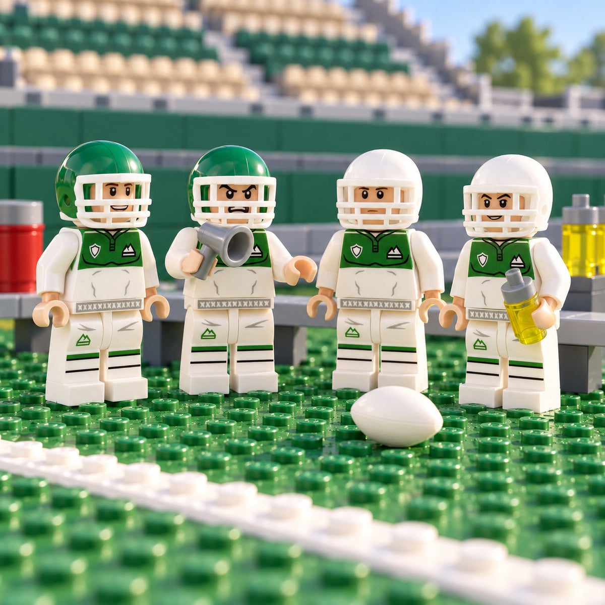 Football minifigures with helmets and accessories at the sideline