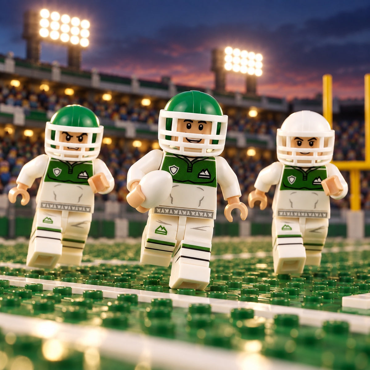 Green and white football minifigures playing on a stadium field